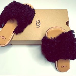 New UGG Joni Black Shaggy Cross Strap Slides